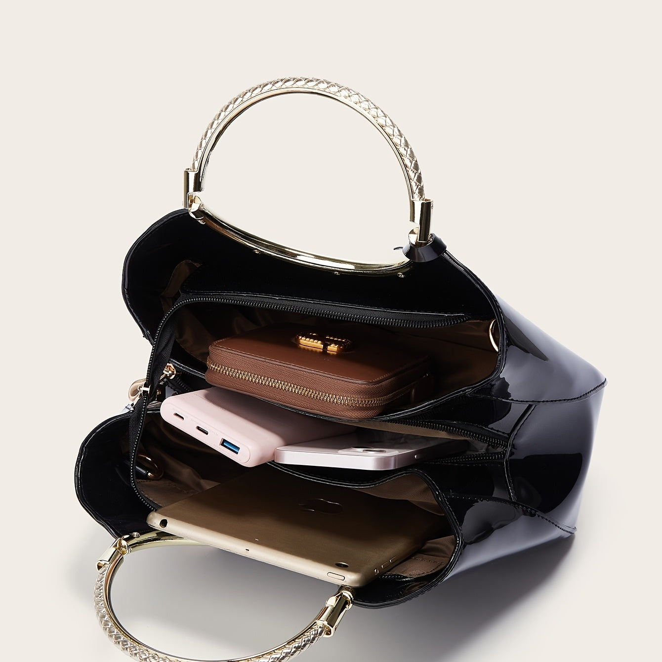 Women's Patent Leather Tote Bag Large Zipper Handbag with Adjustable Strap