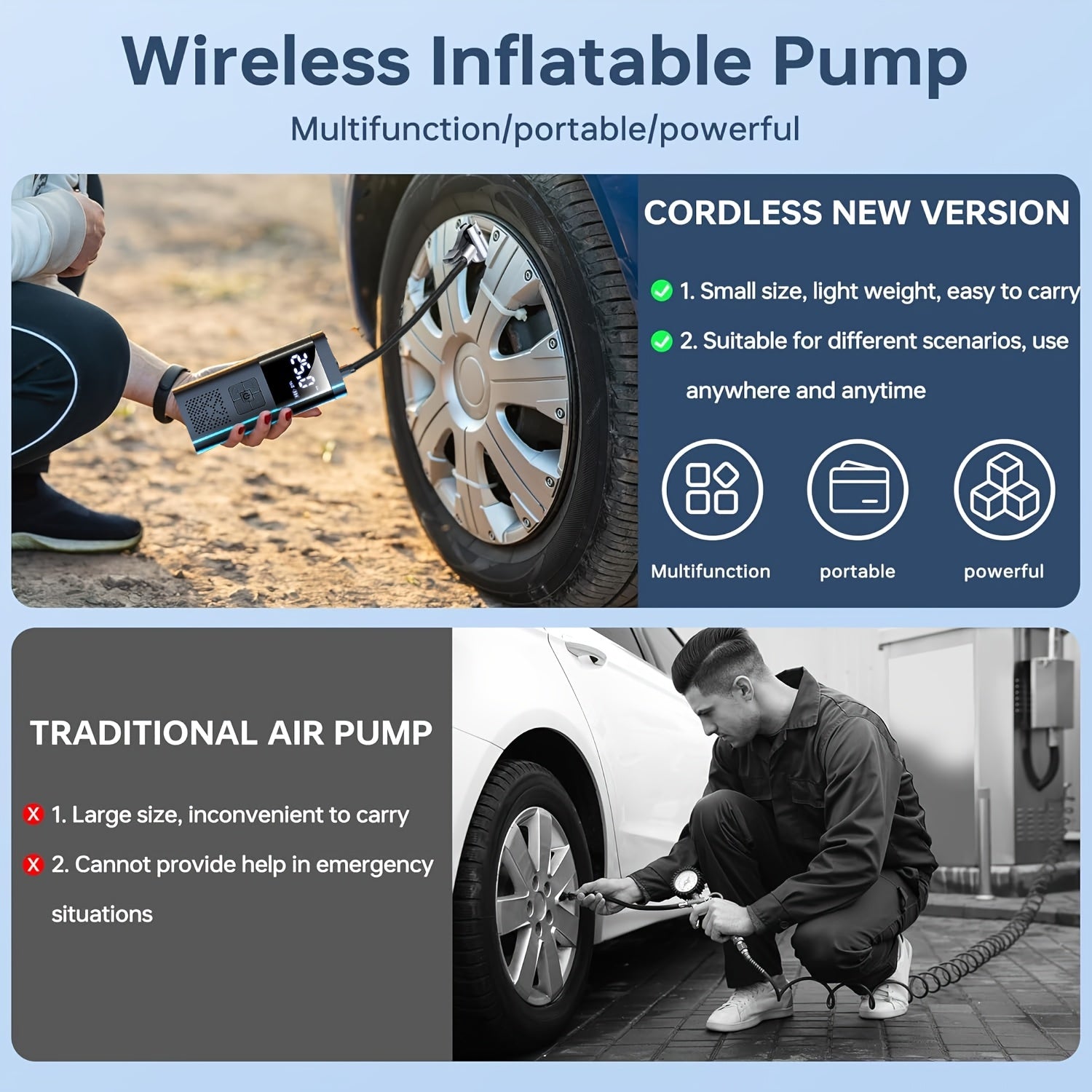 Portable Tire Inflator with Pressure Gauge LED Light and Fast Cordless Operation