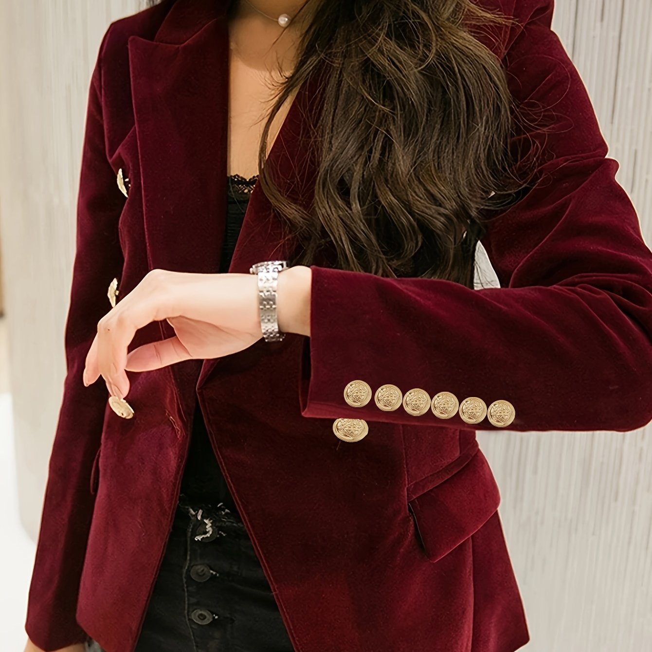 Women's Velvet Pea Coat Double-Breasted Long Sleeve Solid Color Fall Winter