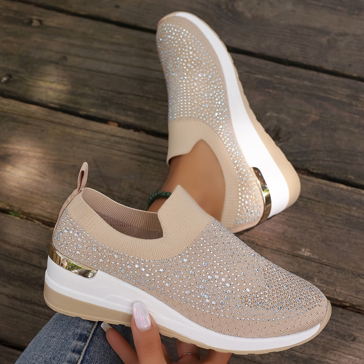 Women's Rhinestone Decor Platform Sneakers Casual Slip-On Outdoor Shoes