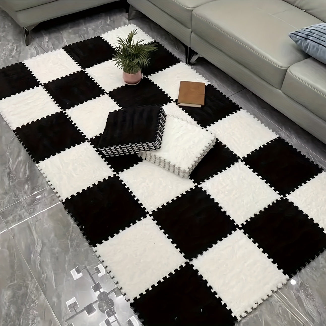 12pcs Black and White Mosaic Carpet Set Washable Plush Mats for Bedroom Living Kitchen Bathroom