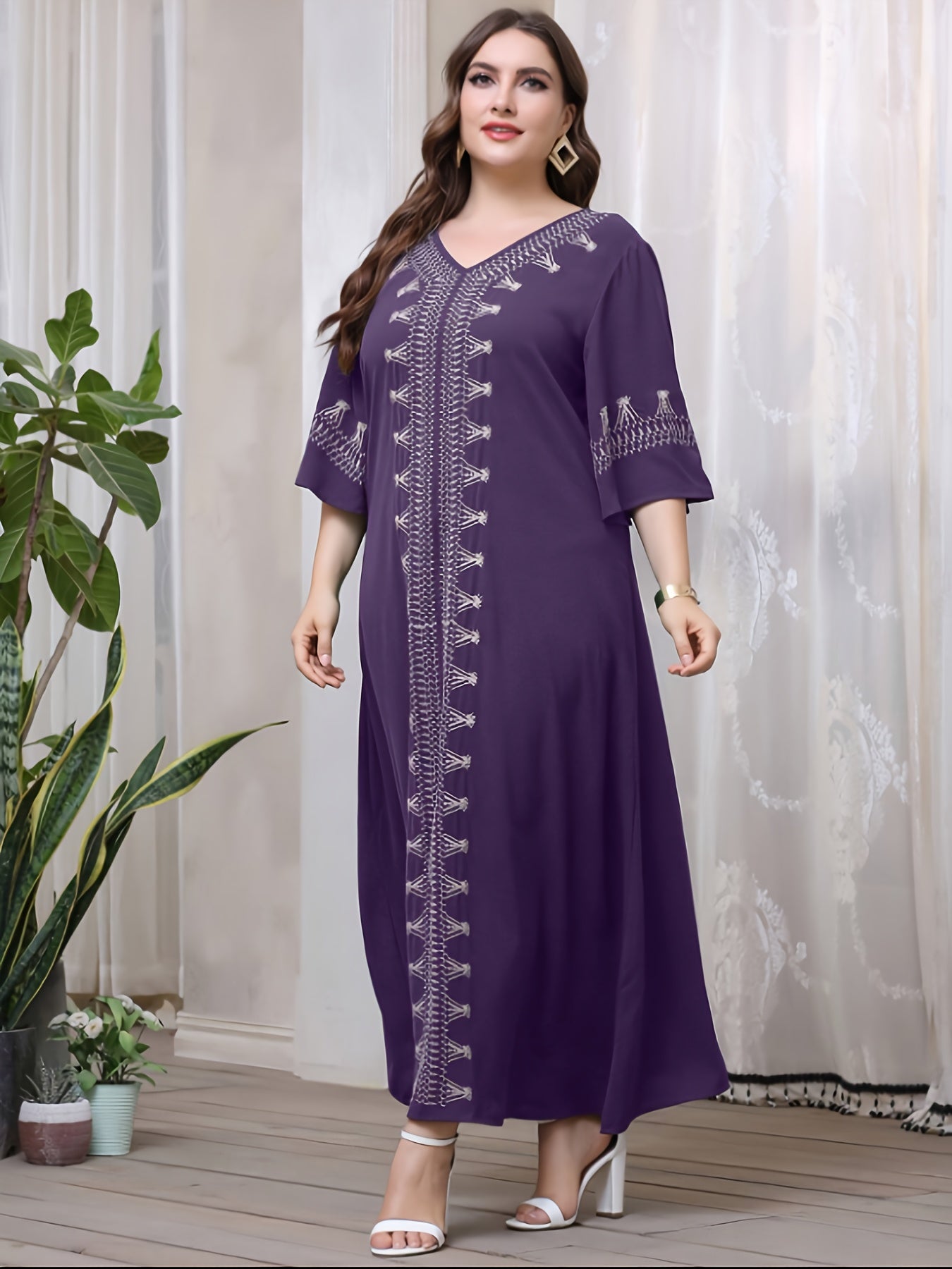 Plus Size Women's V-Neck Long Sleeve Casual Tribal Dress All-Season