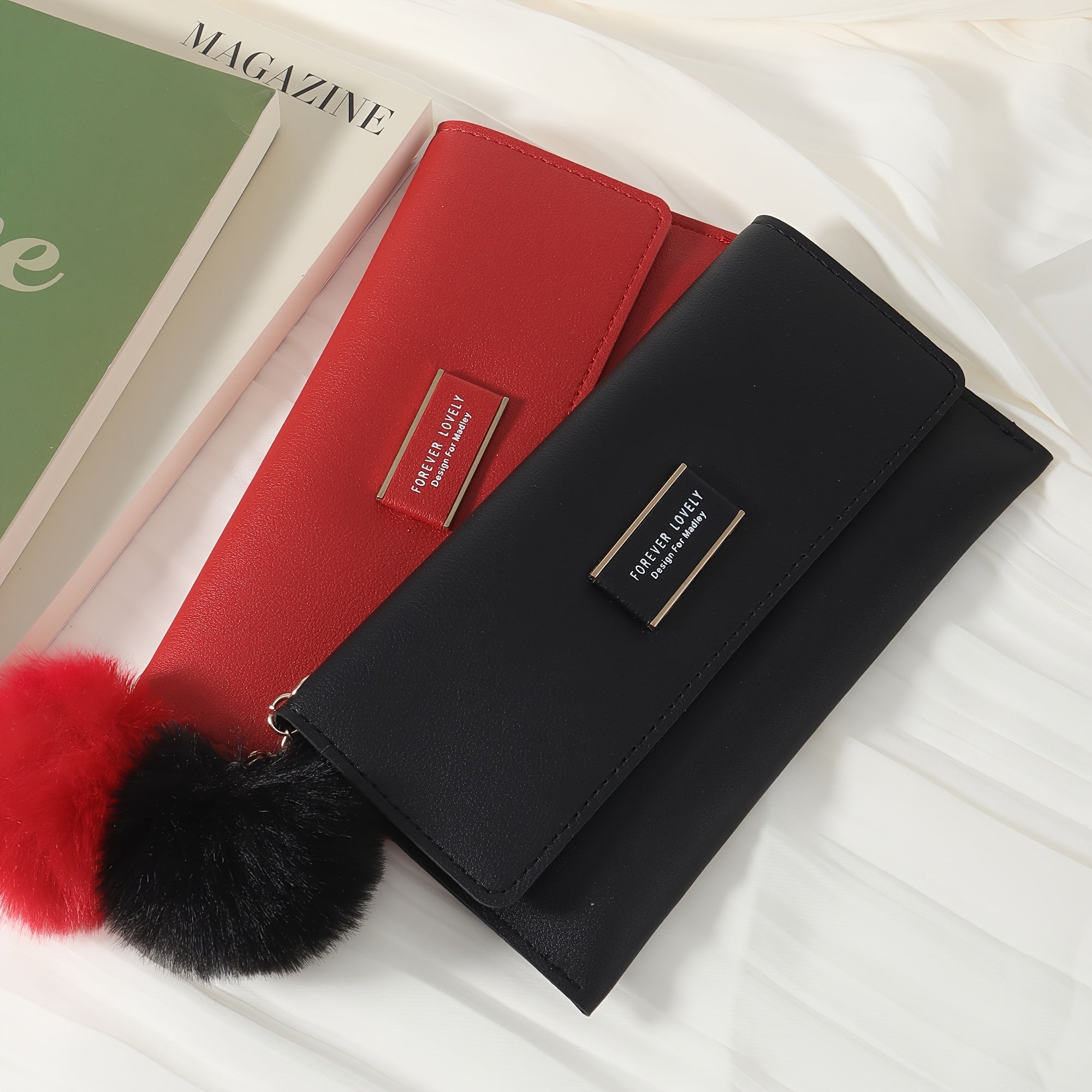 Women's Foldable PU Wallet with Fur Ball Decoration and Card Slots