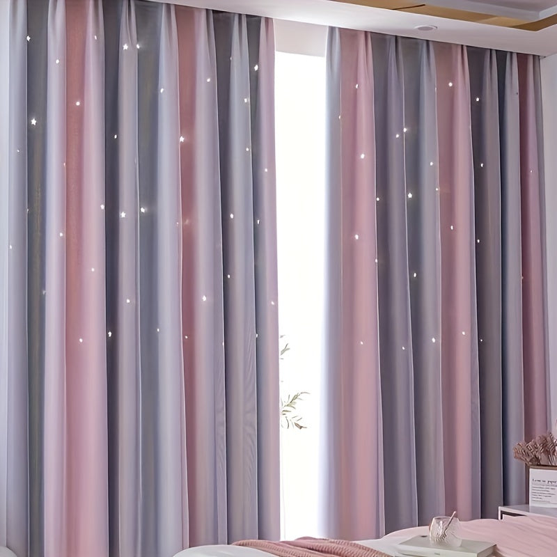 Cortina translúcida de degradado gris con patrón de estrellas y ojales para sala de estar y dormitorio