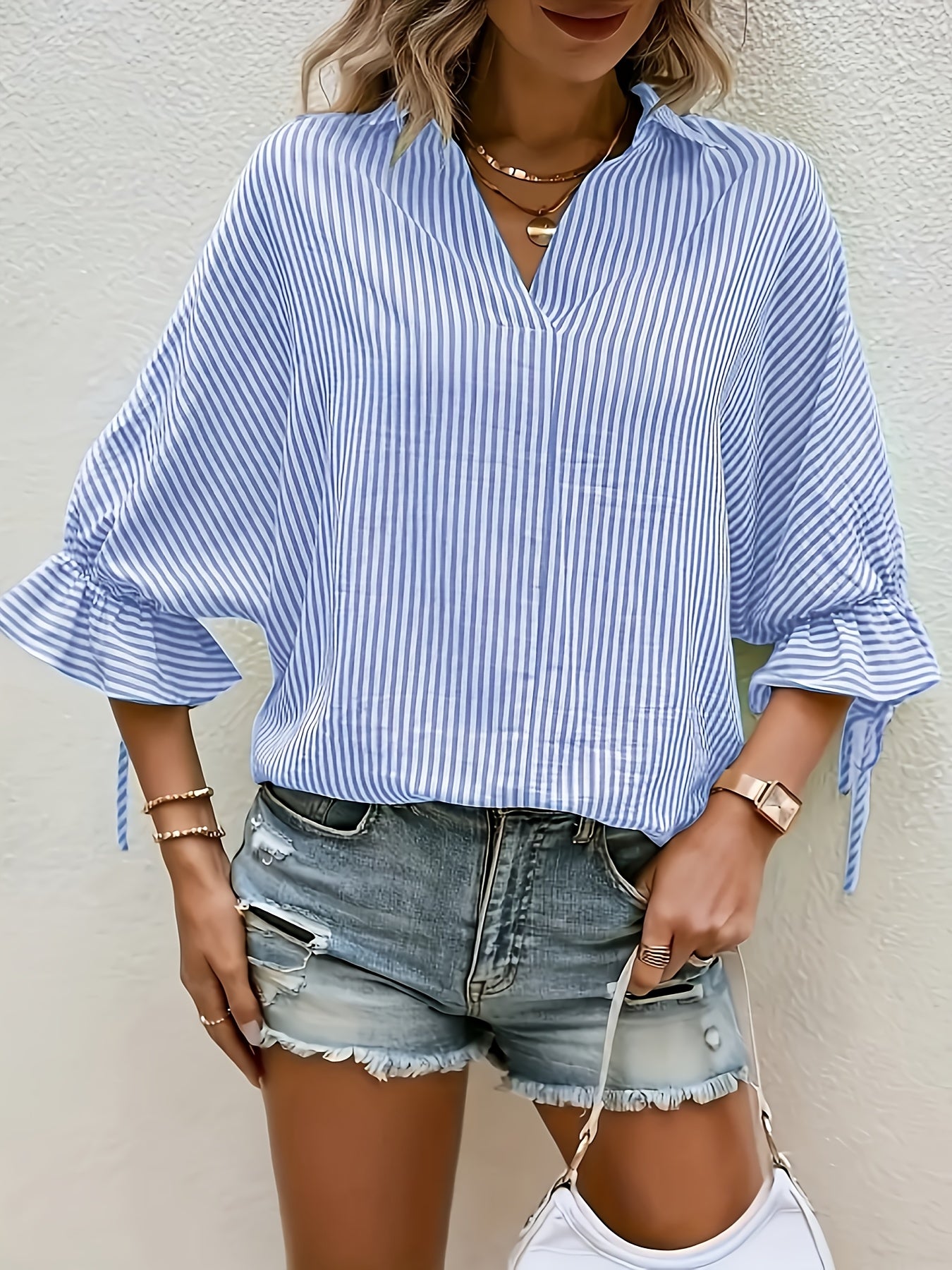 Plus Size Women's Striped Flared Sleeve Tie Back Shirt Vacation Wear