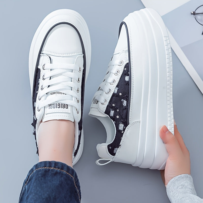 Women's Casual White Sneakers Low-Top Lace-Up Breathable Fabric