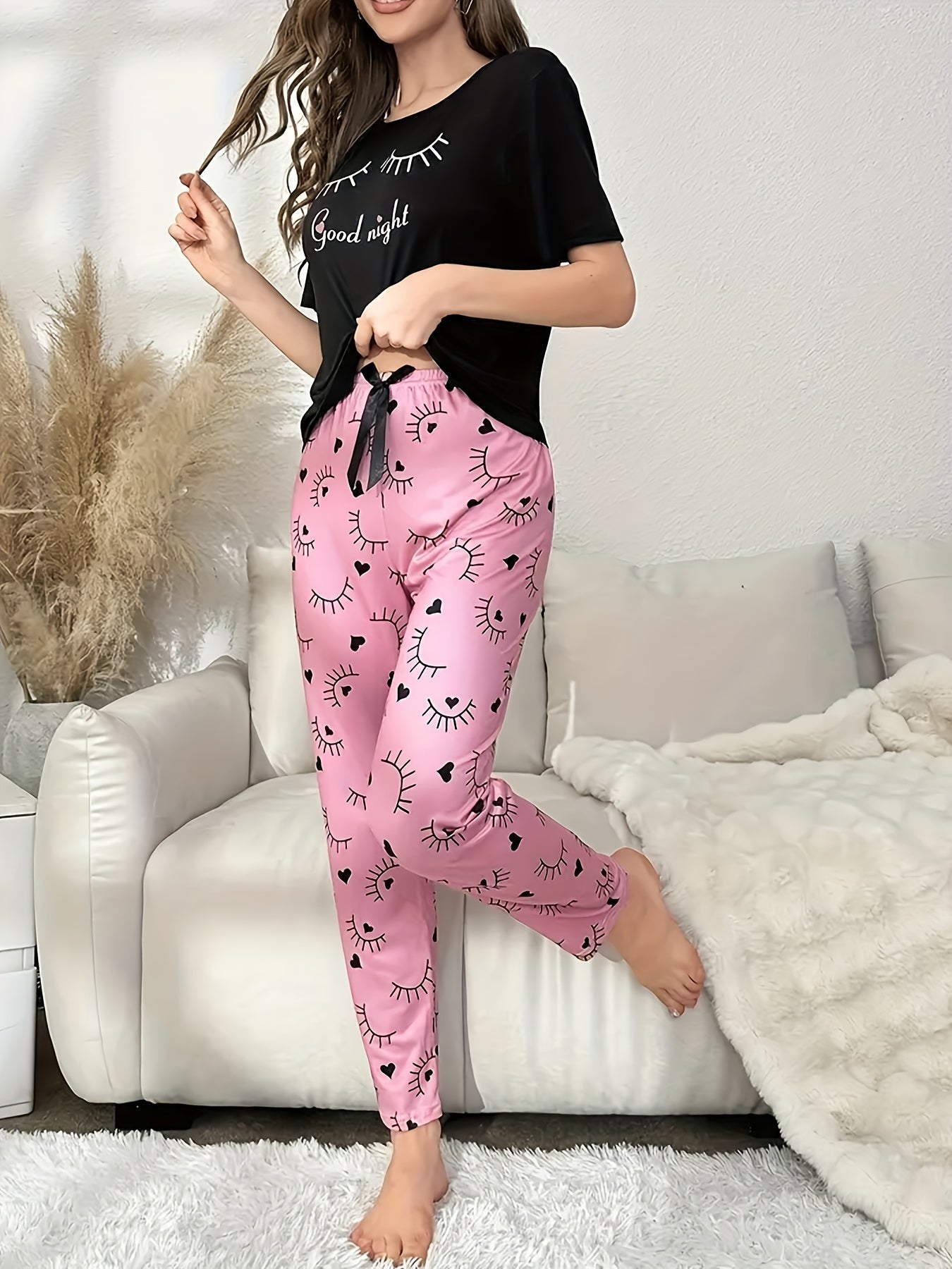 Women's Polyester Knit Pajama Set with Alphabet, Heart, and Eyelash Designs for All Seasons