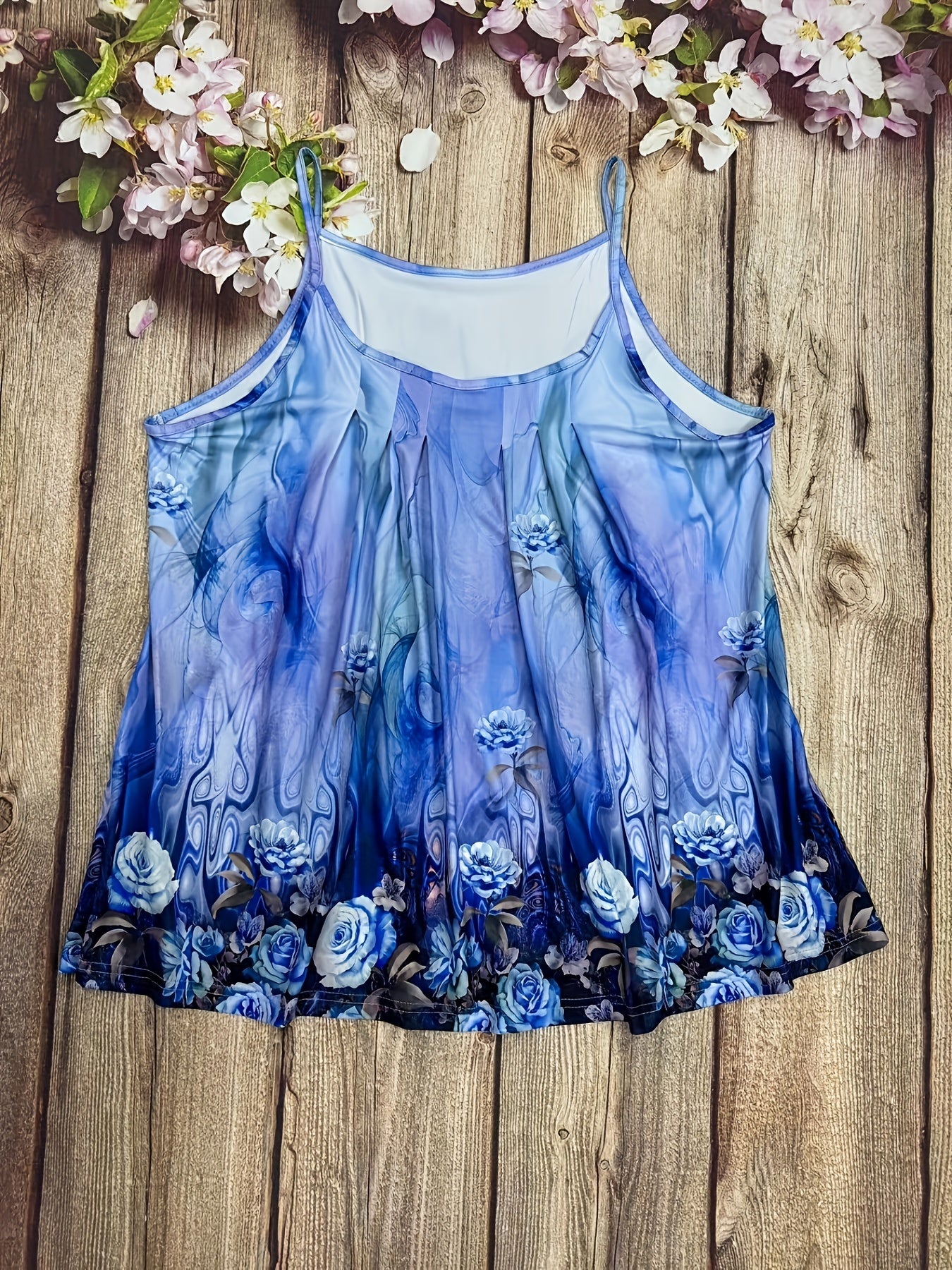 Plus Size Rose Print Cami Top Summer Spaghetti Strap Crew Neck Women