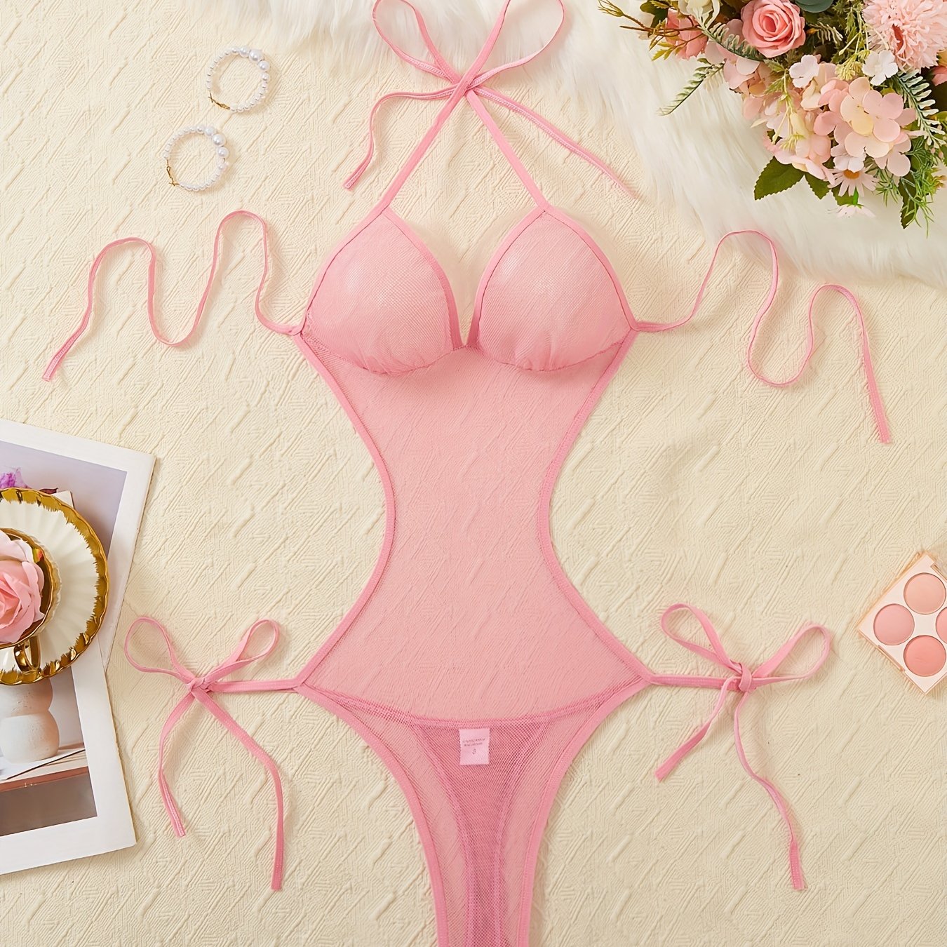 Women's Lace-Up Backless Bodysuit for Women Sexy Nightwear Black S M