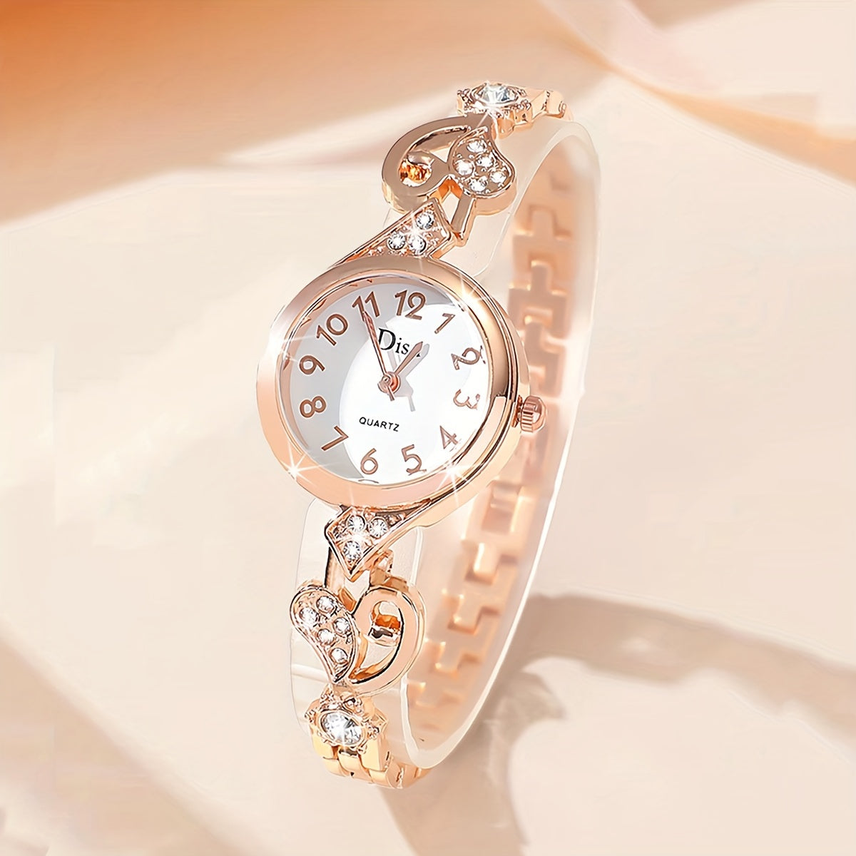 Women's Quartz Watch with Rhinestone Accents, Round Analog Bracelet, Zinc Alloy Band