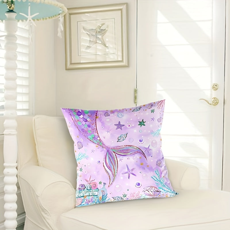 Mermaid Tail Pillowcase Soft Peach Polyester Zippered Cushion Cover Purple Sea Creatures