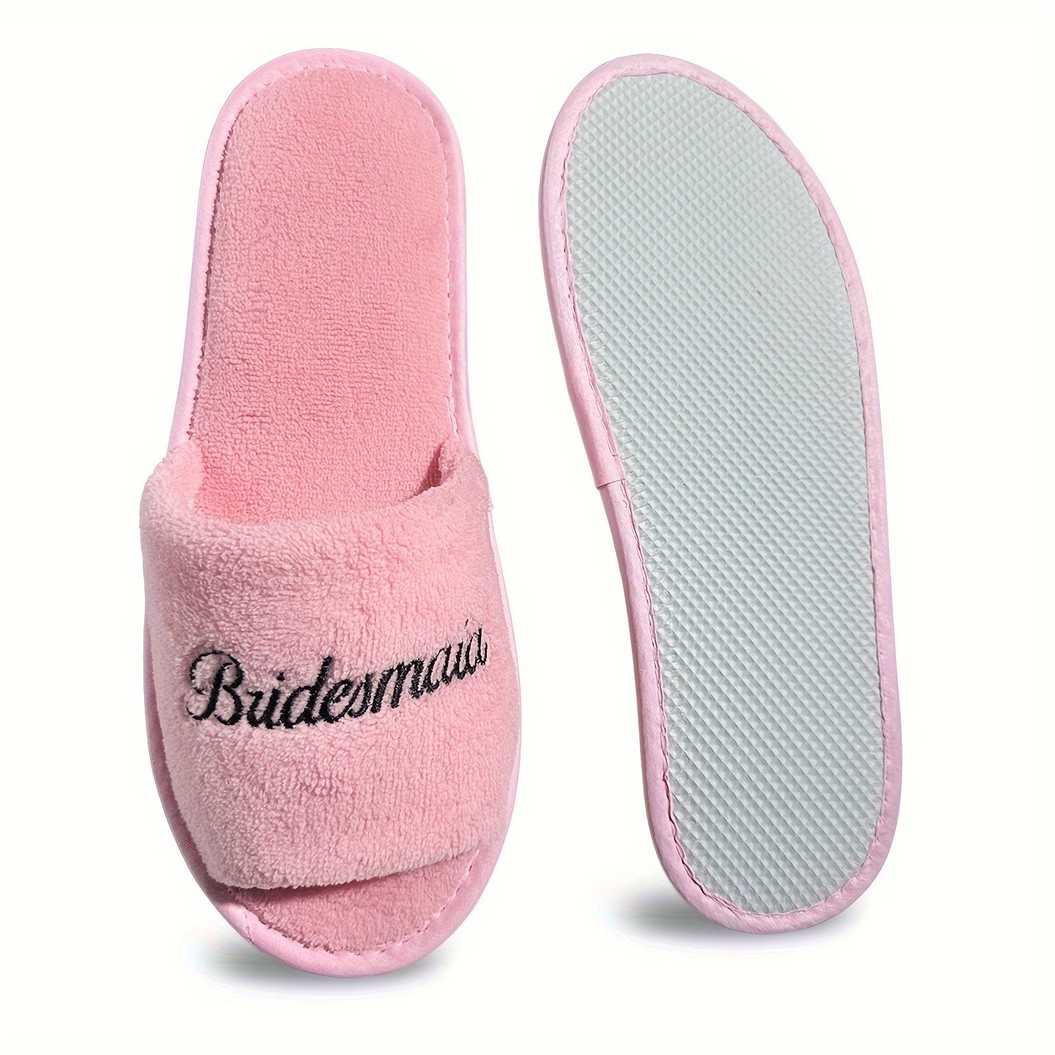 Pink Bridal Party Slippers Open Toe Plush Comfort Flat Shoes Non-Slip Soft Sole