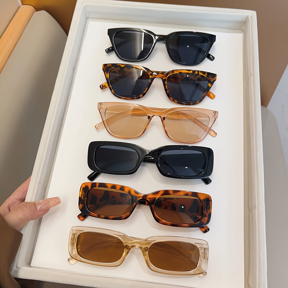 Six-Piece Women's Retro Colorful Rectangle Glasses Set for Street Photography and Parties