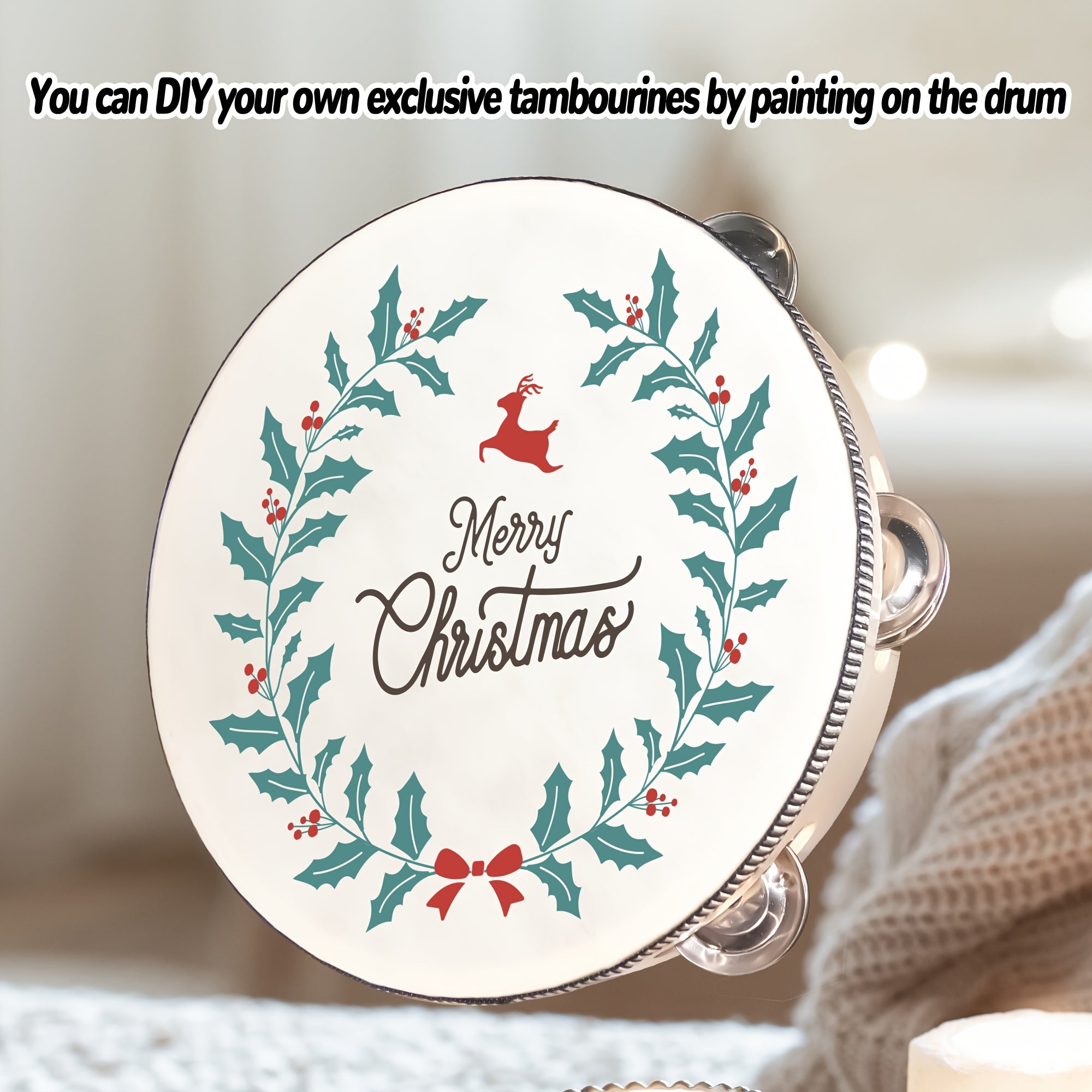 Бежевый полиэтилентерефталатный ручной тамбурин с металлическими бубенцами, образовательный музыкальный подарок для различных случаев.