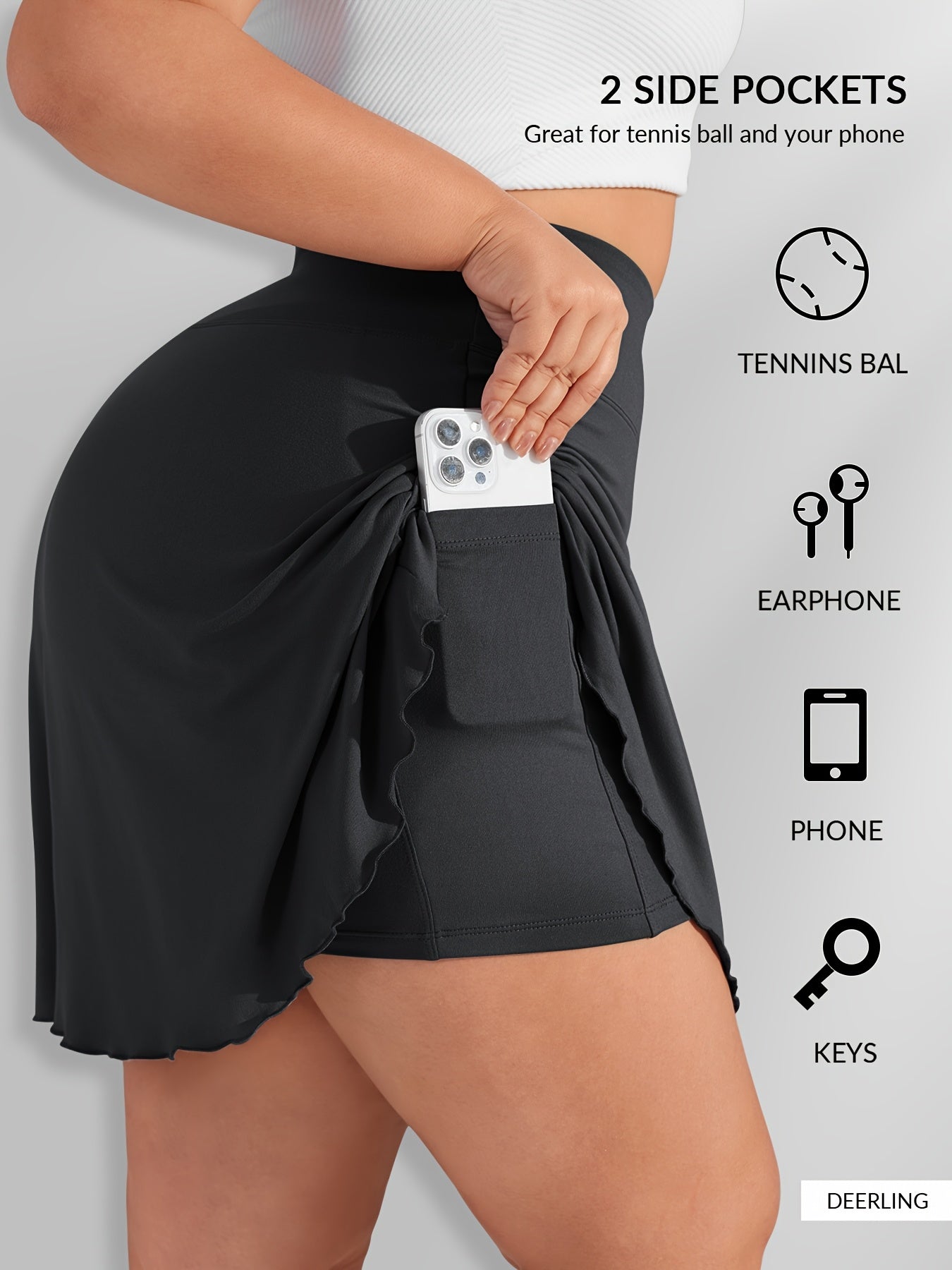 Plus Size Sports Skirt with Pockets High Stretch Polyester Flared Summer Tennis Skirt