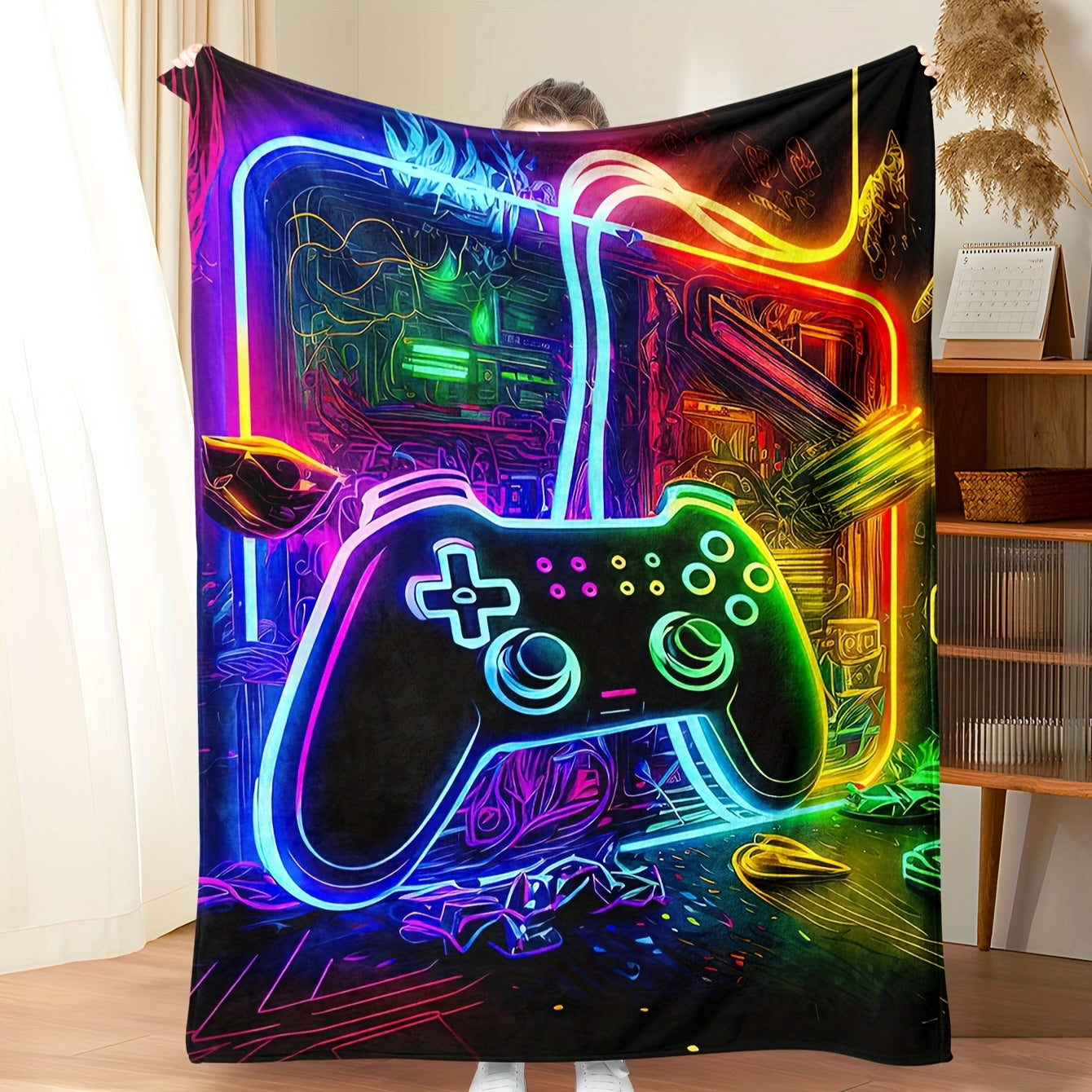 Flannel Throw Blanket with Game Controller Design for Couch Bed Camping and Gift