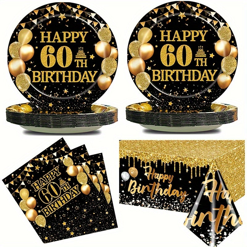 60th Birthday Party Supplies Set 20 Paper Plates 20 Paper Towels Tablecloth