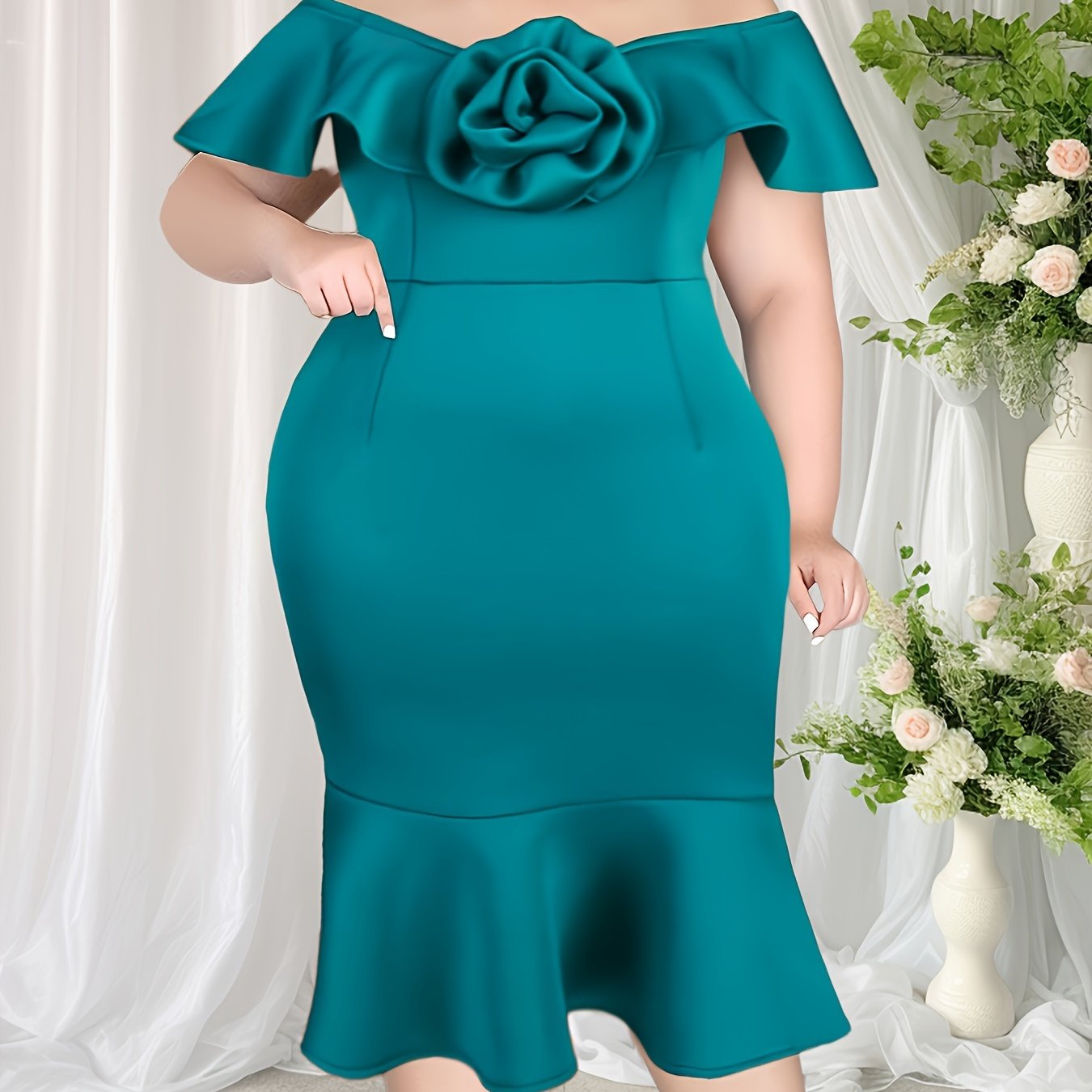 Plus Size Bodycon Mermaid Hem Dress Off Shoulder Floral Ruffle Midi Party