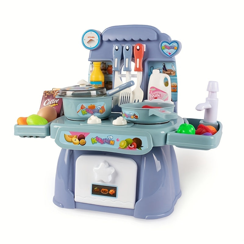 Play Kitchen Set for Kids 3+ Pink Blue Lights Sounds Stove Sink Faux Food