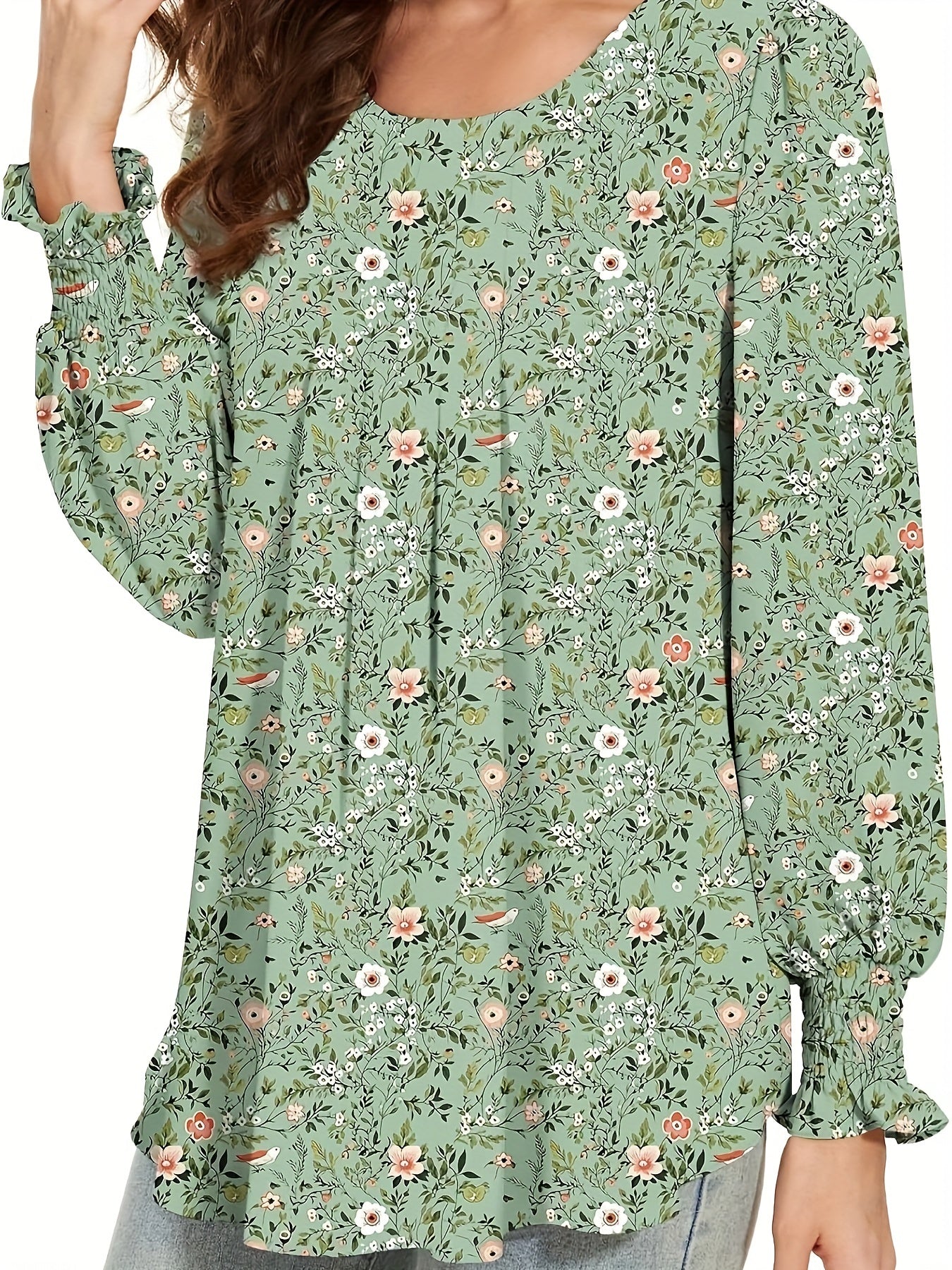 Plus Size Floral Print Blouse Women's Casual Long Sleeve Shirt Machine Washable