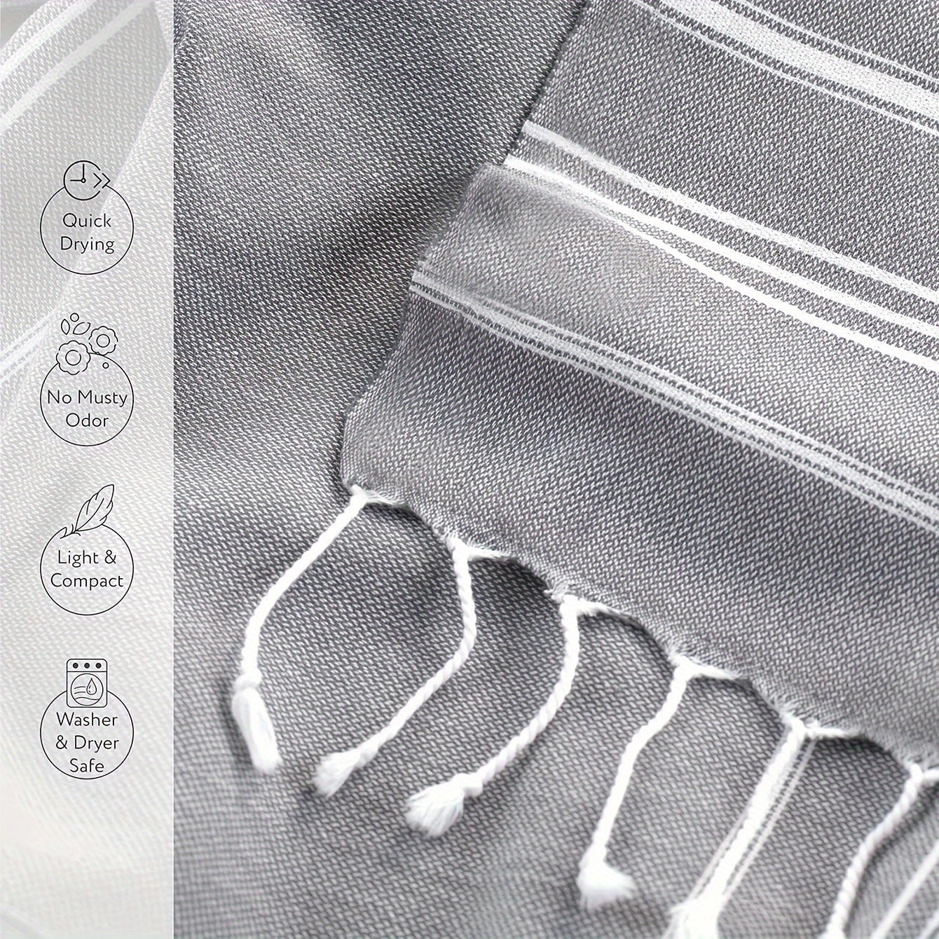 Turk plyaj sochiq: tez quriydigan, qumga yopishmaydigan, engil, katta o'lchamda, chiziqli naqshlarda (sariq, oq, ko'k, kulrang, pushti) basseyn, suzish, sayohat uchun. Kamping, kruiz, ta'til, plyaj ko'rpa uchun ideal.