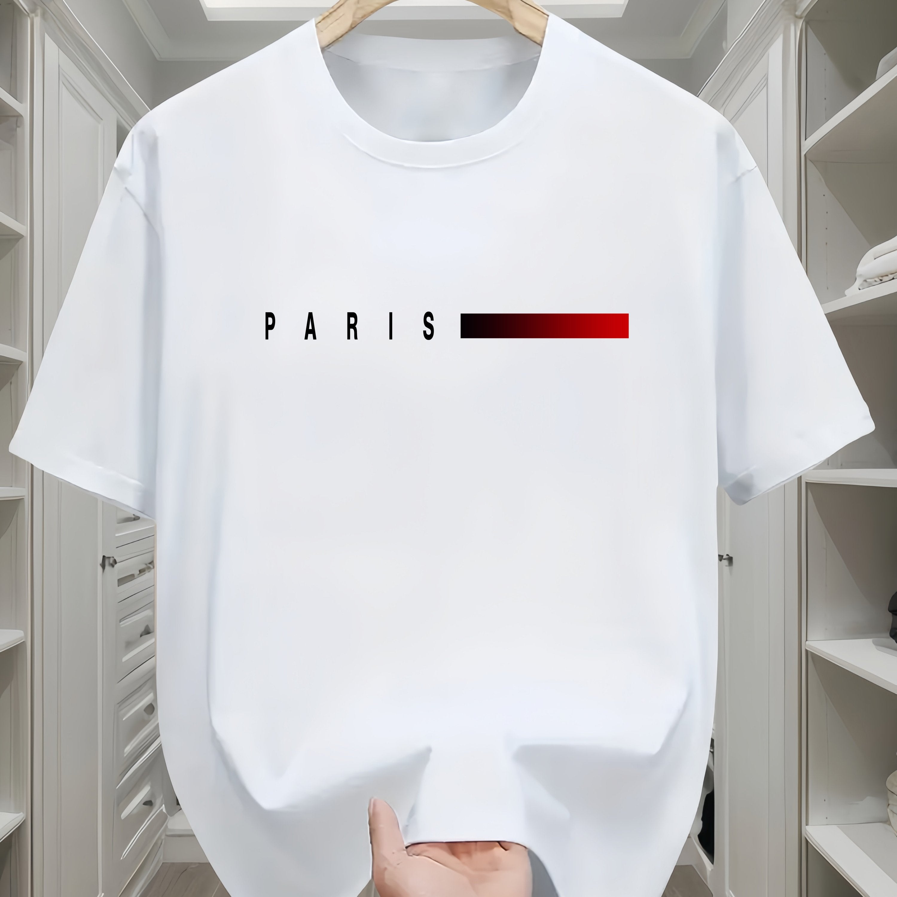 Camiseta de algodón para hombre con estampado de París y patrón geométrico, cuello redondo, manga corta, casual, para todas las estaciones, adolescente, corte regular