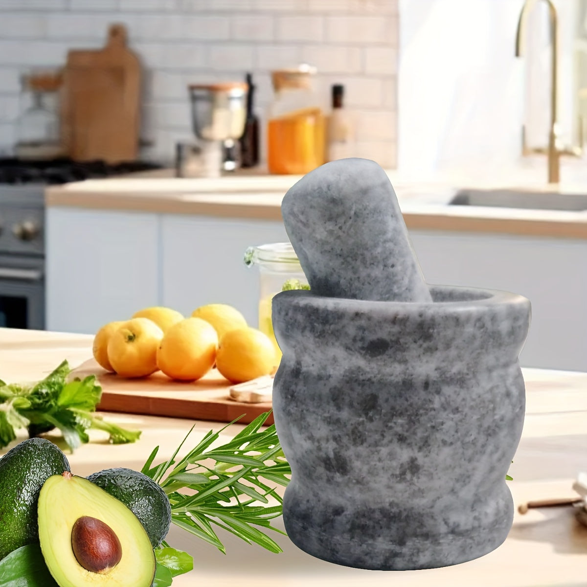 Vintage Stone Grinder Set with Garlic Press Pestle and Mortar for Spices Herbs