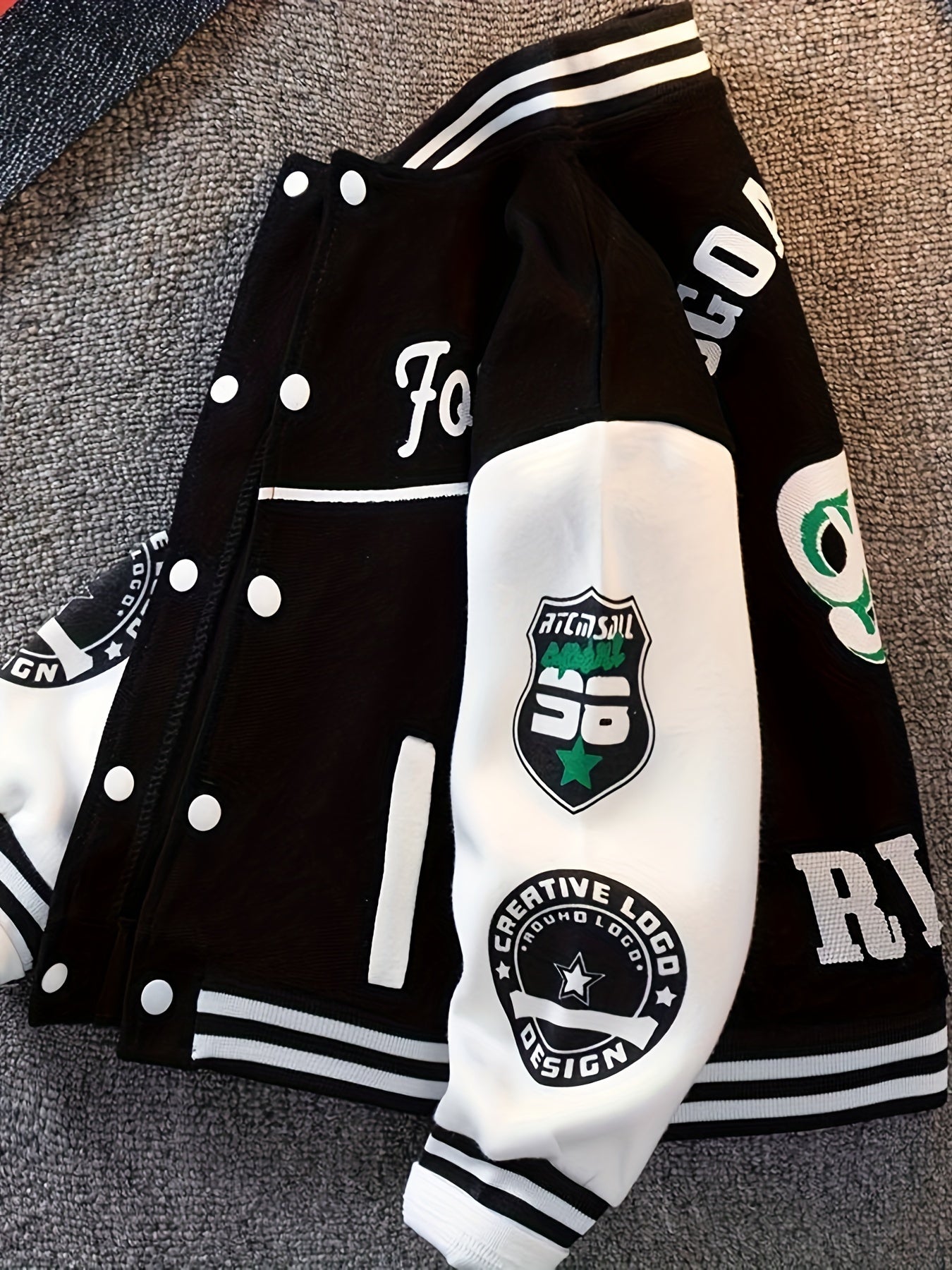 Boys Long Sleeve Varsity Baseball Jacket with Letter Graphic and Color Block Design