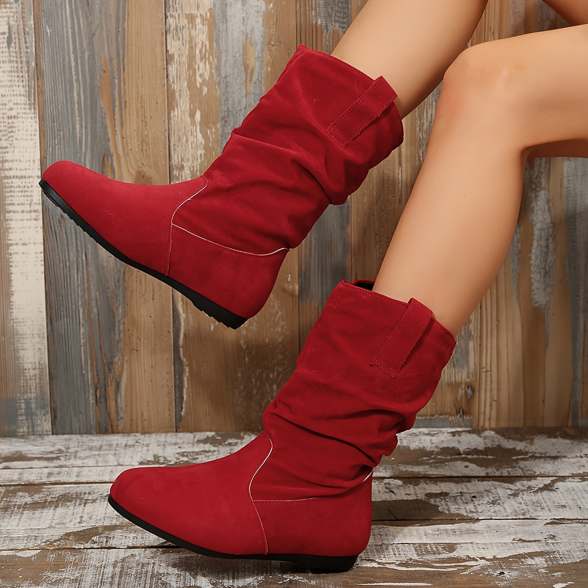 Women's Slim-Fit Mid-Calf Boots Fabric Slip-On Round Toe Winter Shoes