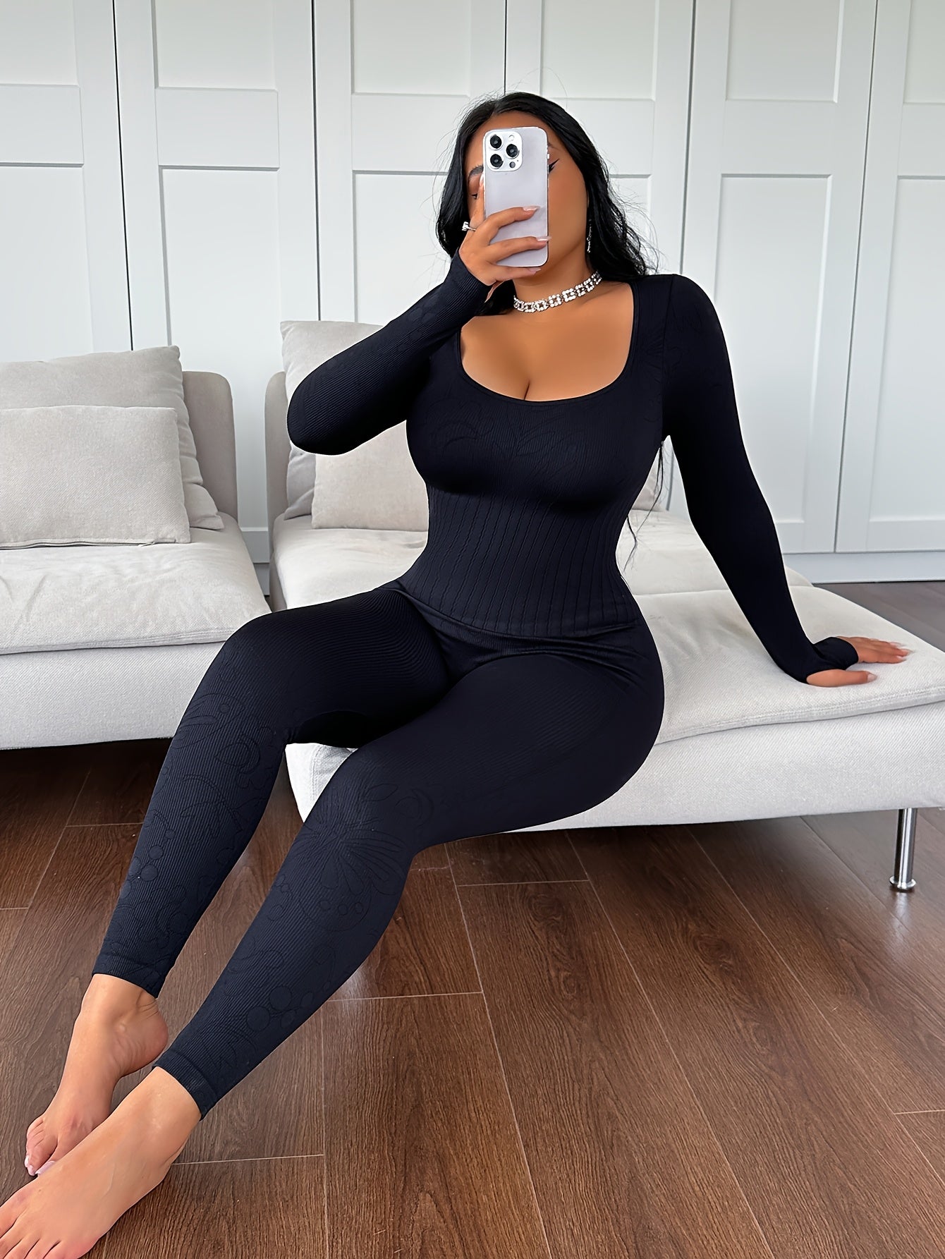 Mono de manga larga para mujer talla grande negro, elástico, para todas las estaciones, comodidad