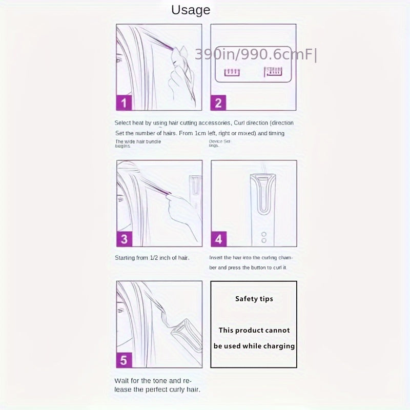 Rizador automático con 5 ajustes de calor, recubrimiento de cerámica, tecnología antiquemaduras, sin enredos, batería de litio recargable por USB