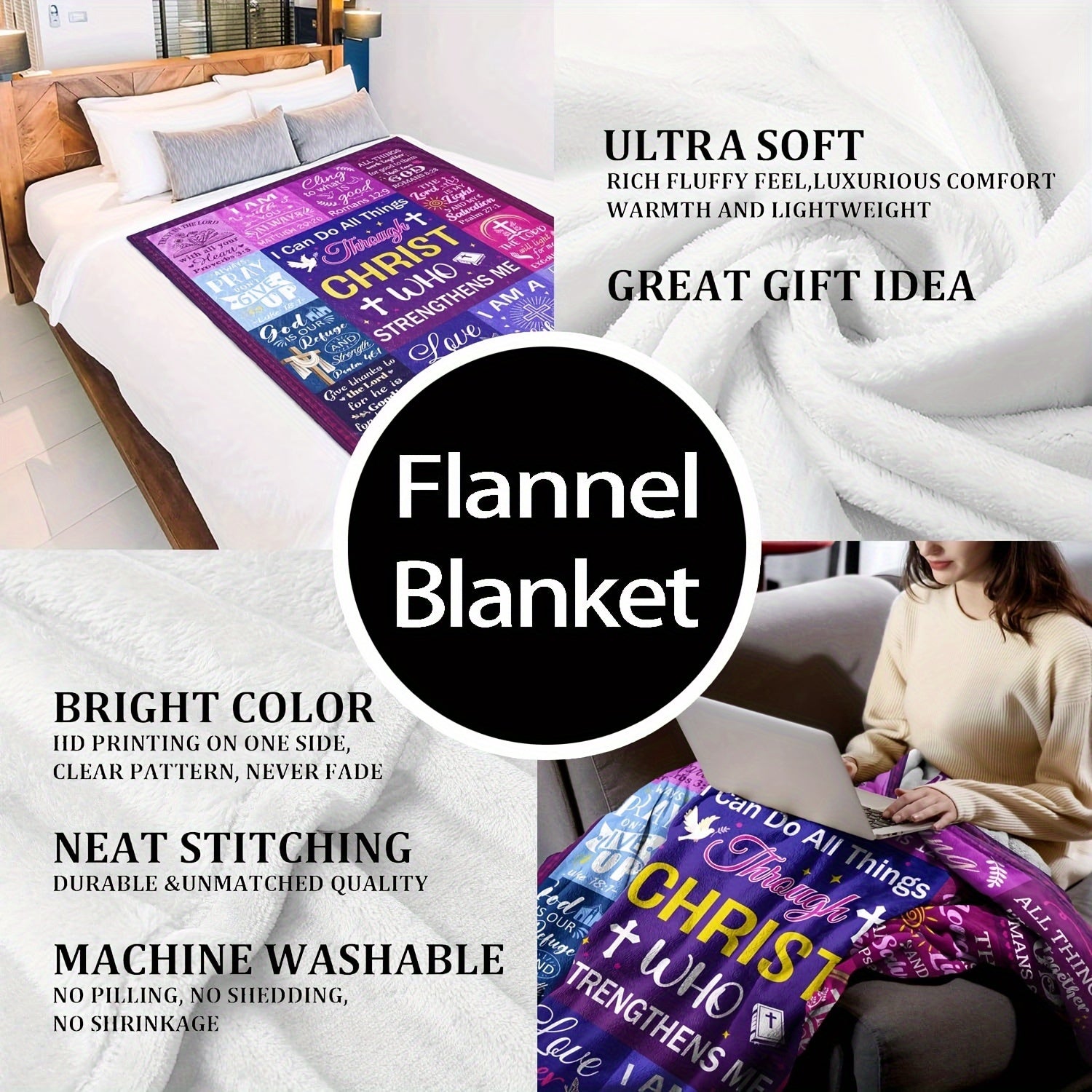 Christian Religious Blanket for Women Flannel Bible Verse Prayer Spiritual Faith Cozy Sofa Throw