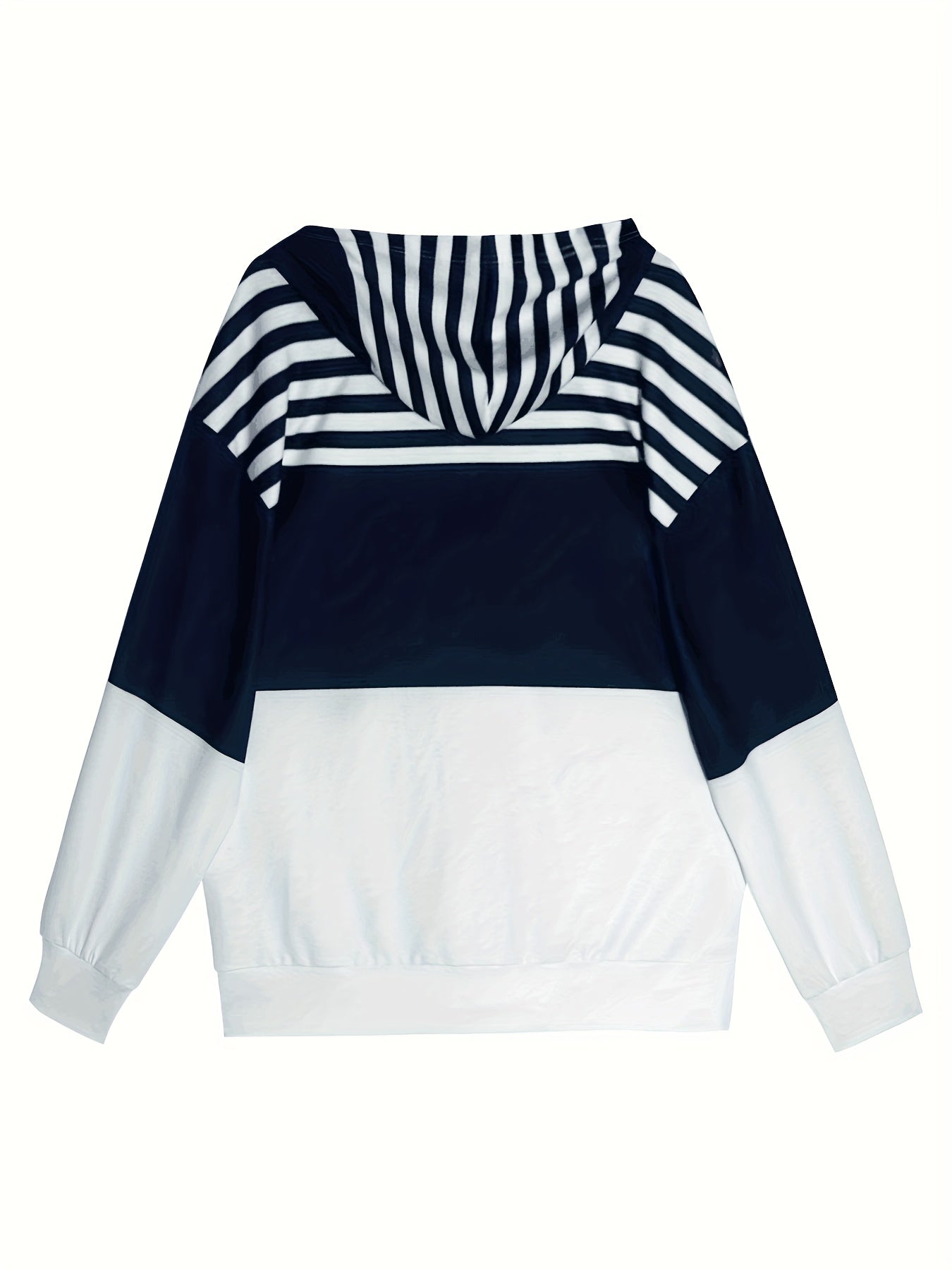 Women's Navy Blue and White Striped Hoodie with Front Pockets and Drawstring