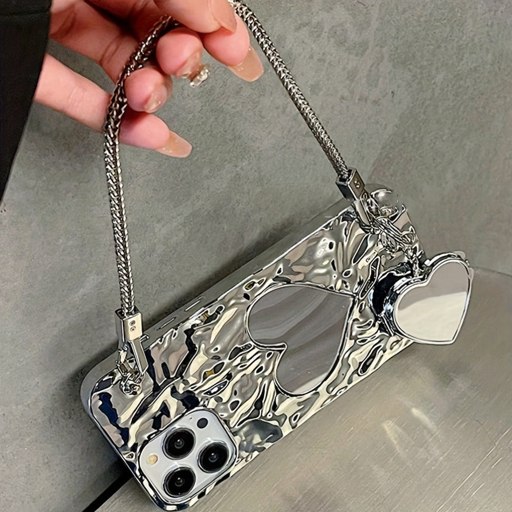 Portable Silver Heart-Shaped Mirror Bracelet Phone Case for iPhone 11-15 Pro Max