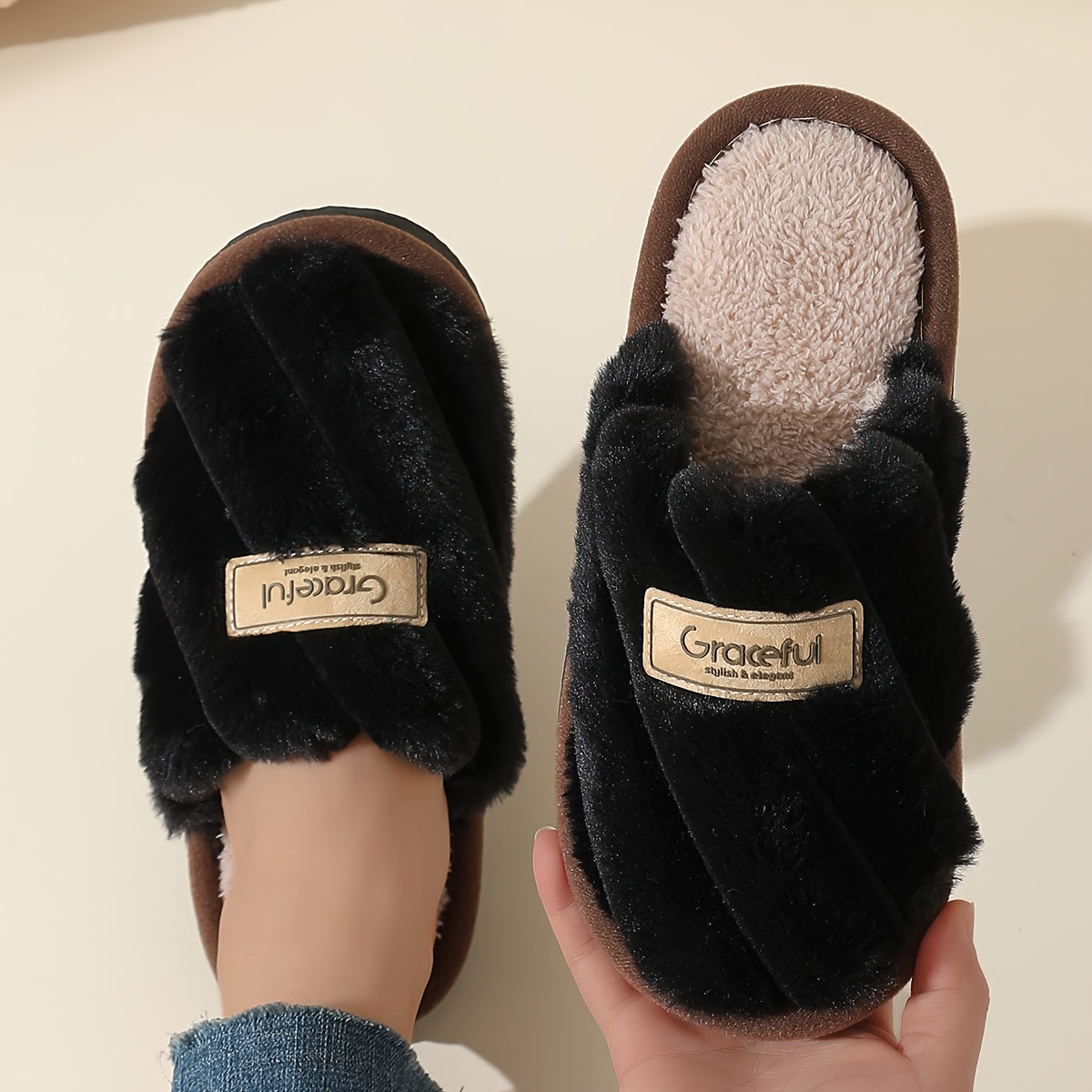 Women's Faux Fur-Lined Slip-On Slippers with TPR Sole for Indoor Outdoor Use