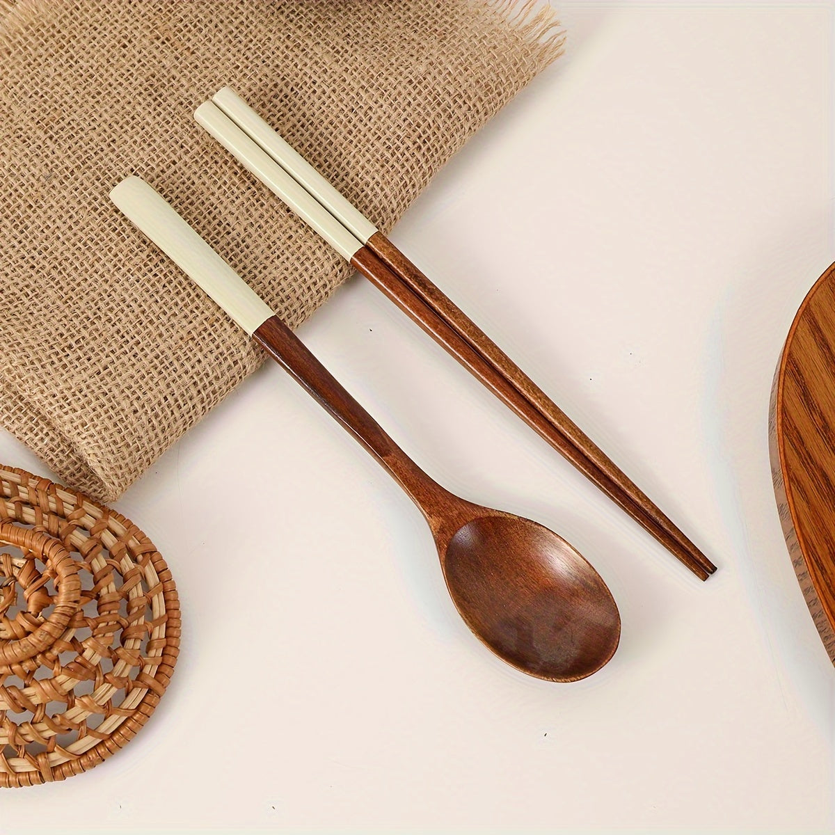 Colorful Wooden Utensil Set for Camping Travel and Home Use Including Spoon and Chopsticks