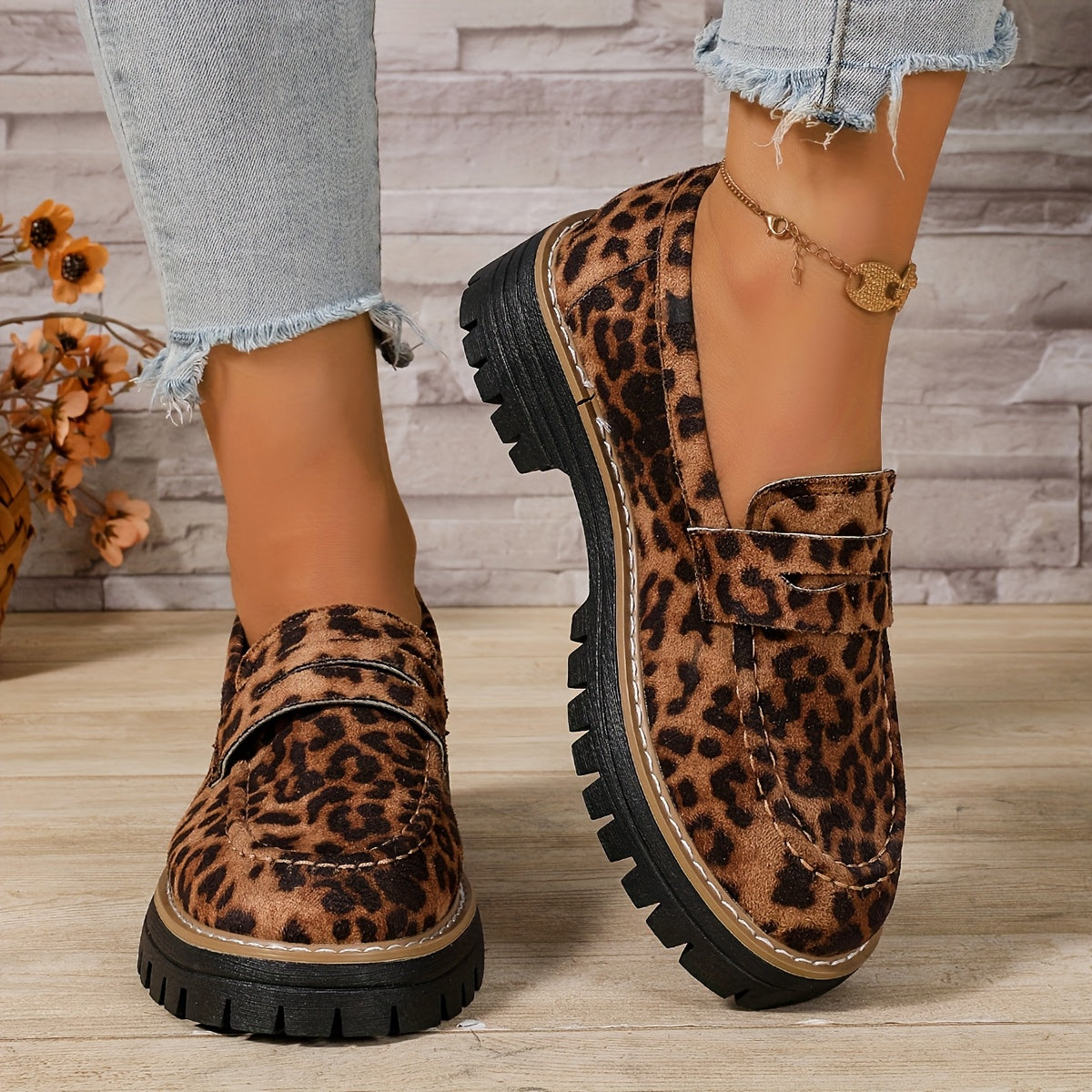 Women's Leopard Print Platform Loafers Wide Fit Casual Flat Shoes