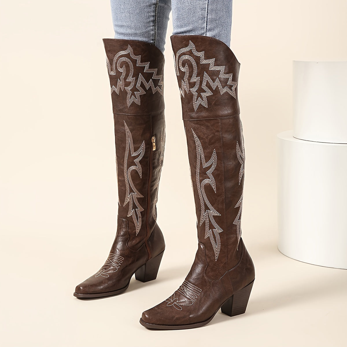 Women's Brown Faux Leather Over-the-Knee Western Boots with Zipper