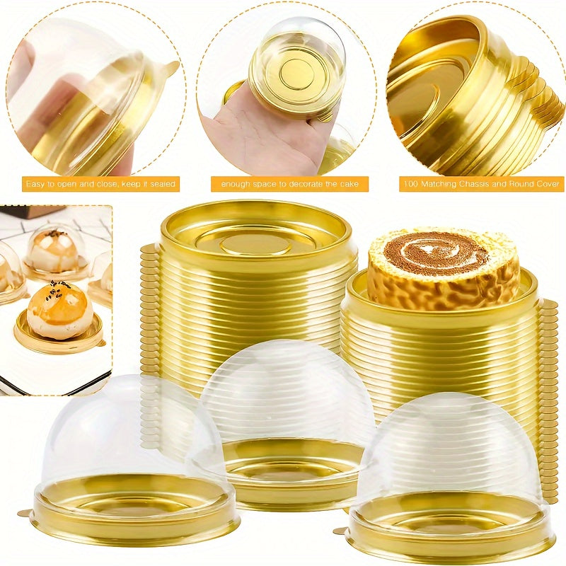 Set of 50 Mini Cupcake Holders 7.62cm Clear and Gold BPA-Free PET Plastic Round Dome Party Favor Boxes