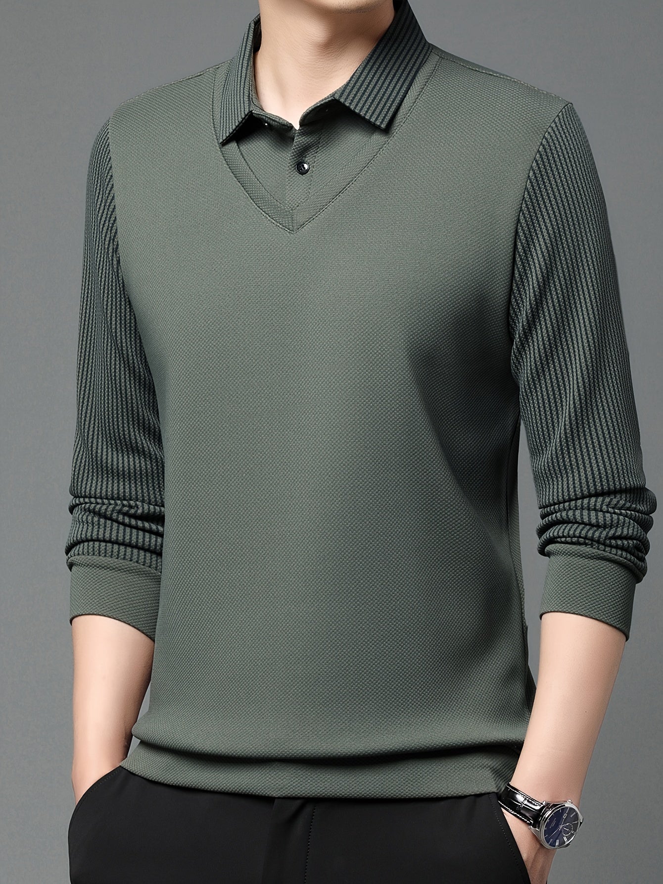 Men's Striped Two-Tone Shirt Long Sleeve Casual Autumn Winter Polyester Spandex