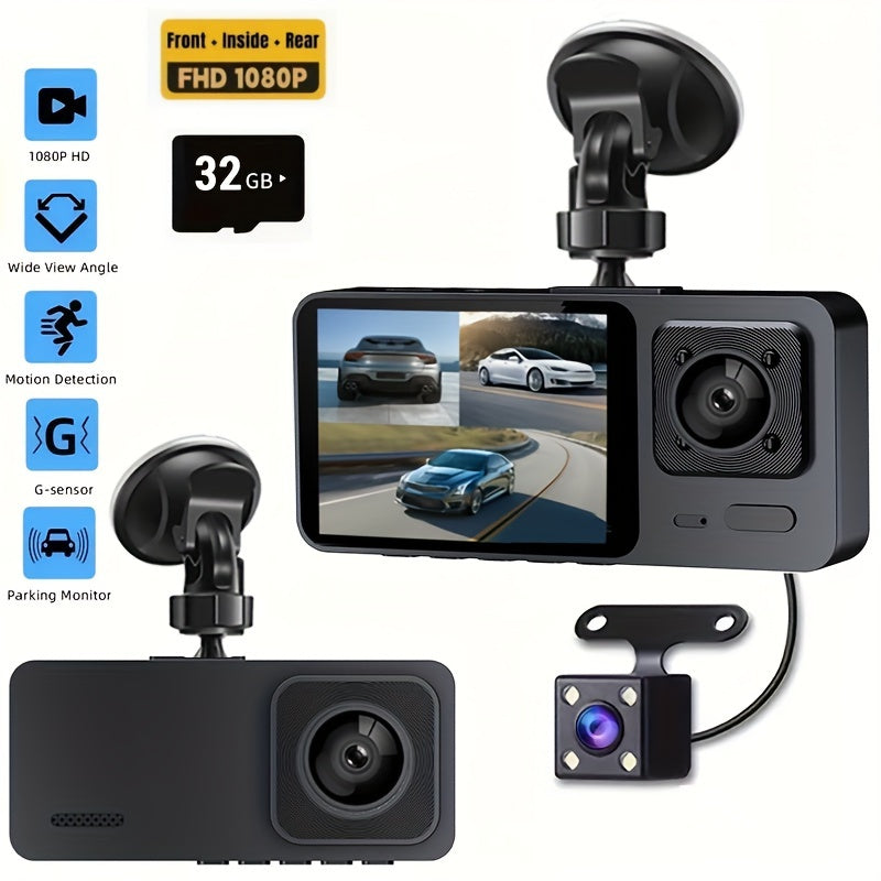 3-камерный автомобильный видеорегистратор с ночным видением, 1080P, широкий угол 170°