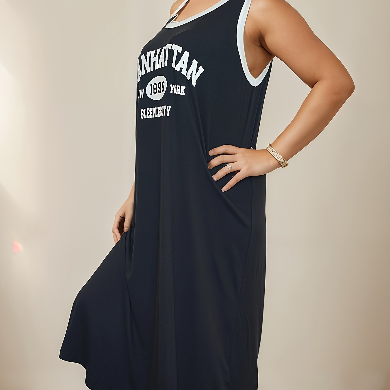 Plus Size Women's Casual Sleeveless Tank Dress with White Letter Print