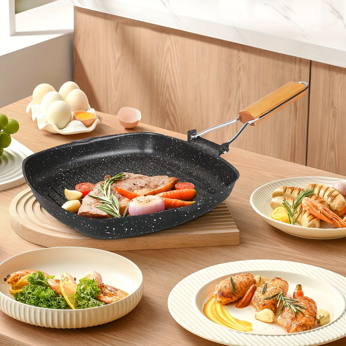 Aluminum Skillet with Non-Stick Coating and Foldable Wood Handle for Breakfast and Steak