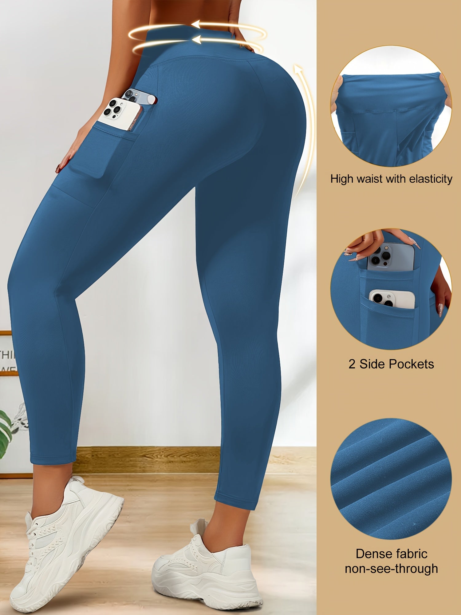 Leggings de talla grande con cintura alta y bolsillos, de poliéster elástico y elastano