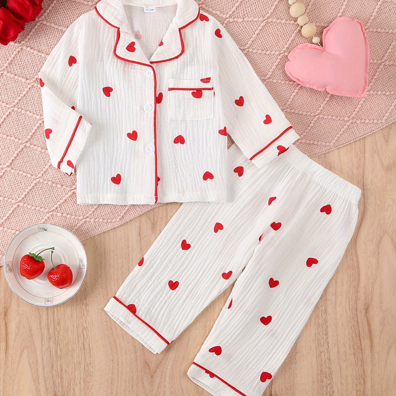 Girls All-Season Cotton Pajama Set with Heart Print Lapel Collar Loose Fit Sleepwear for Over 3 Years