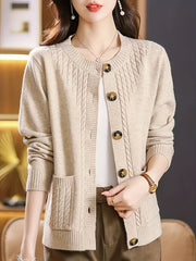 Women's Spring Cardigan with Long Sleeves Crew Neck Solid Color Knit Fabric