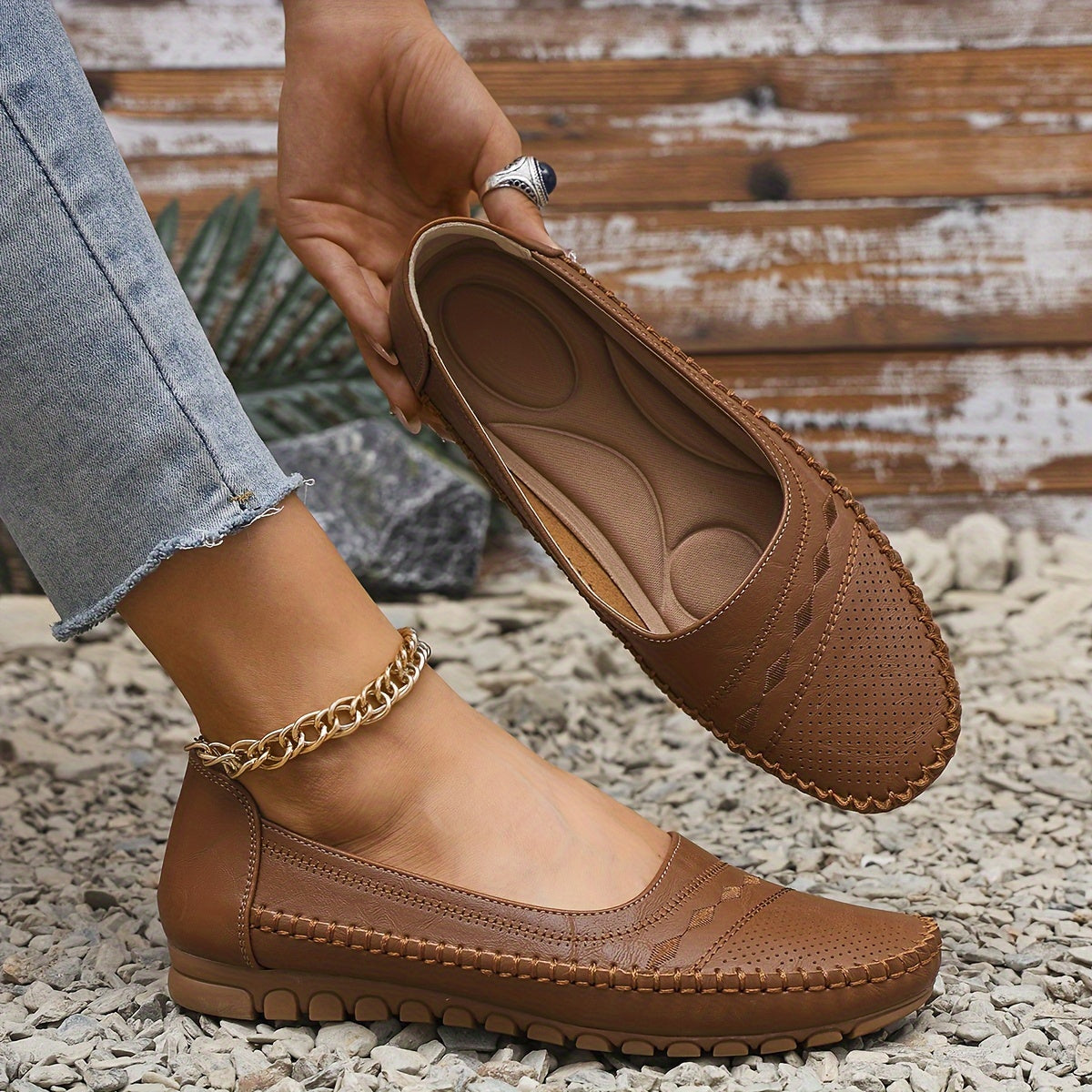 Zarif kattalar o'lchamidagi ayollar uchun loaferlar - tikuvli naqsh bilan qulay slip-on, yumshoq taglik, ko'p maqsadli rang, barcha mavsumlar uchun yengil.