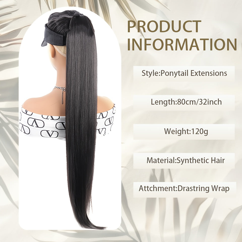 Women Black Synthetic Straight Ponytail Hair Extension 81.28cm Drawstring Style