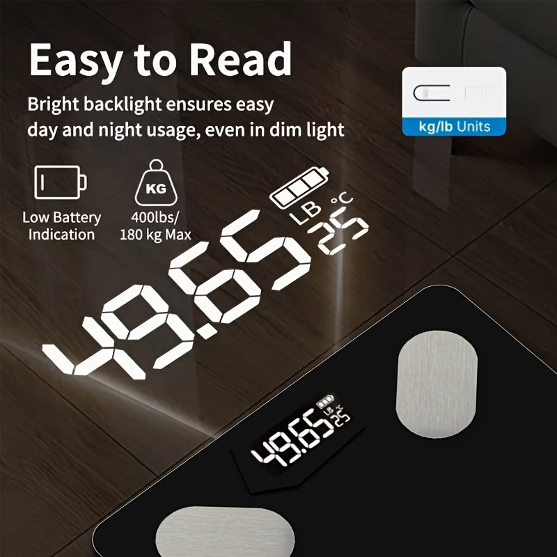 Smart Body Fat Scale with App Connectivity Tempered Glass Panel Indoor Temperature Weight Measurement Max 180kg