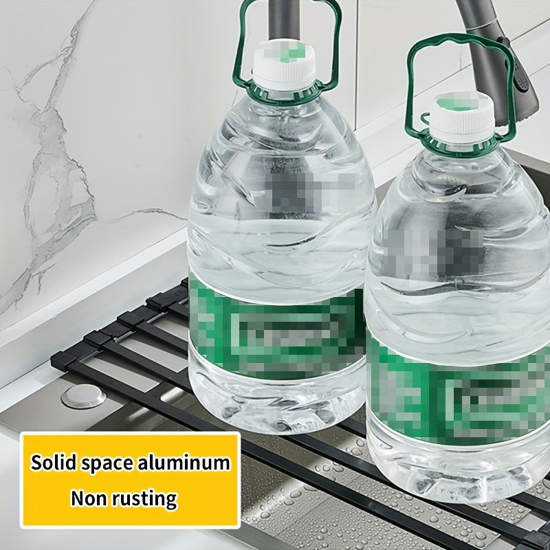 Yengil saqlash uchun egiladigan alyuminiy idish quruq rack - samarali idish yuvish uchun oshxona cho'kmasi, plastinkalar, idishlar va asboblar uchun drenaj savatni o'z ichiga oladi, idishlarni quritish va oshxonada joyni tejash uchun ideal.